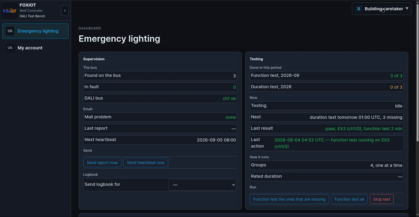 Wolf-App Emergency lighting dashboard in the dark theme: Supervision shows 3 luminaires found and 0 in fault, Testing shows 3 of 3 function tests done this month