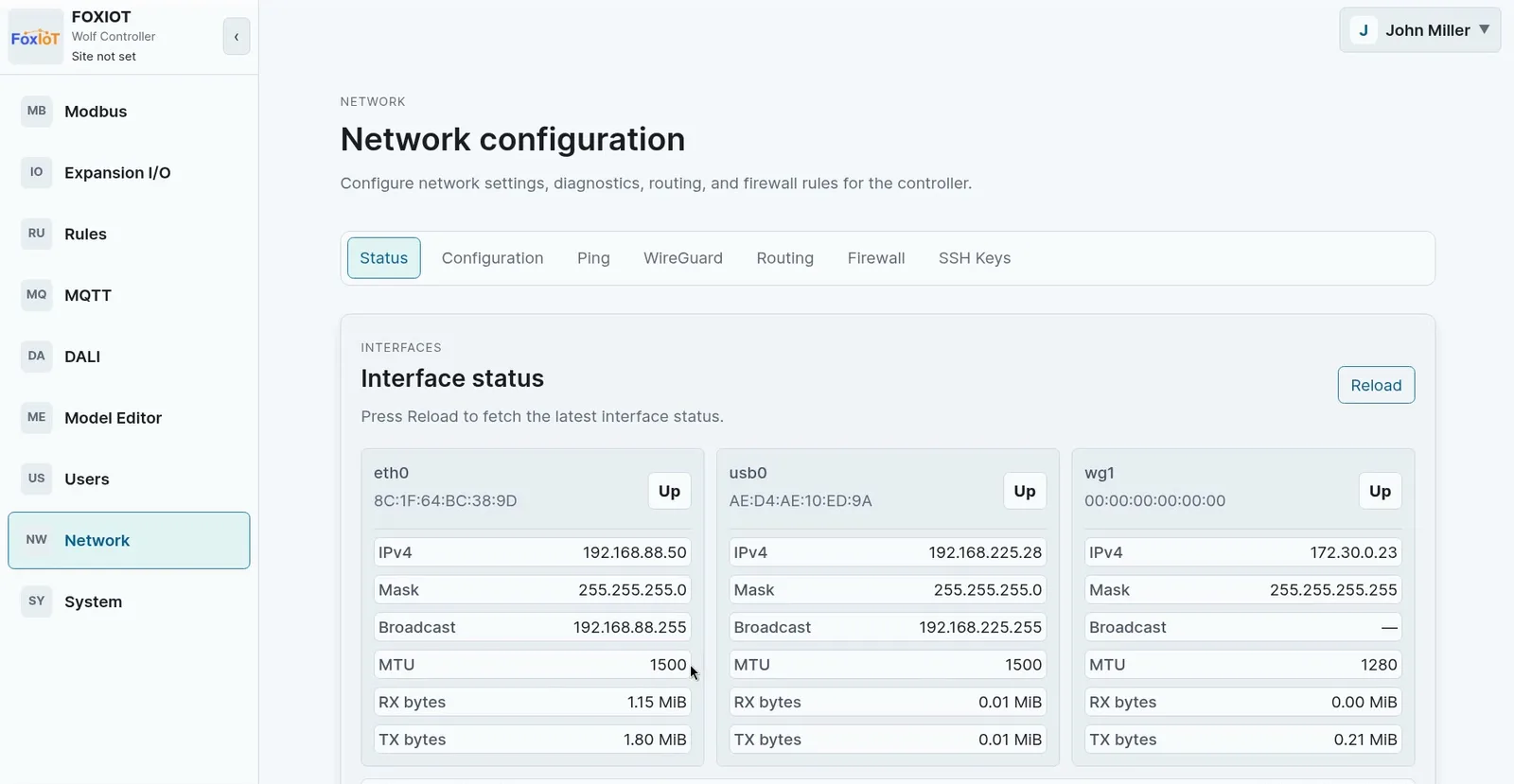 Wolf-App interface status showing eth0, usb0 and wg1 each up with their addresses and traffic counters