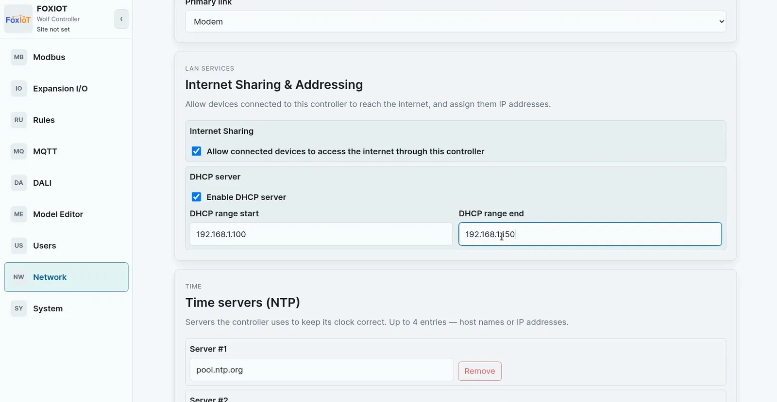 Wolf-App Internet Sharing and Addressing section with internet sharing and the DHCP server enabled and a DHCP range set