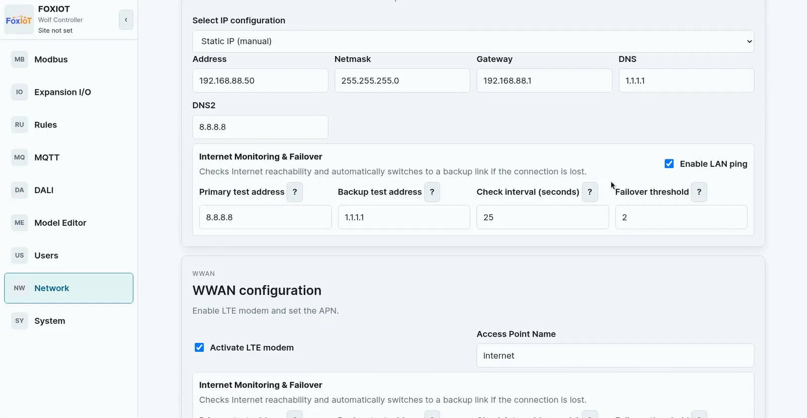 Wolf-App internet monitoring and failover for the LAN link, with Enable LAN ping on and a 25-second check interval