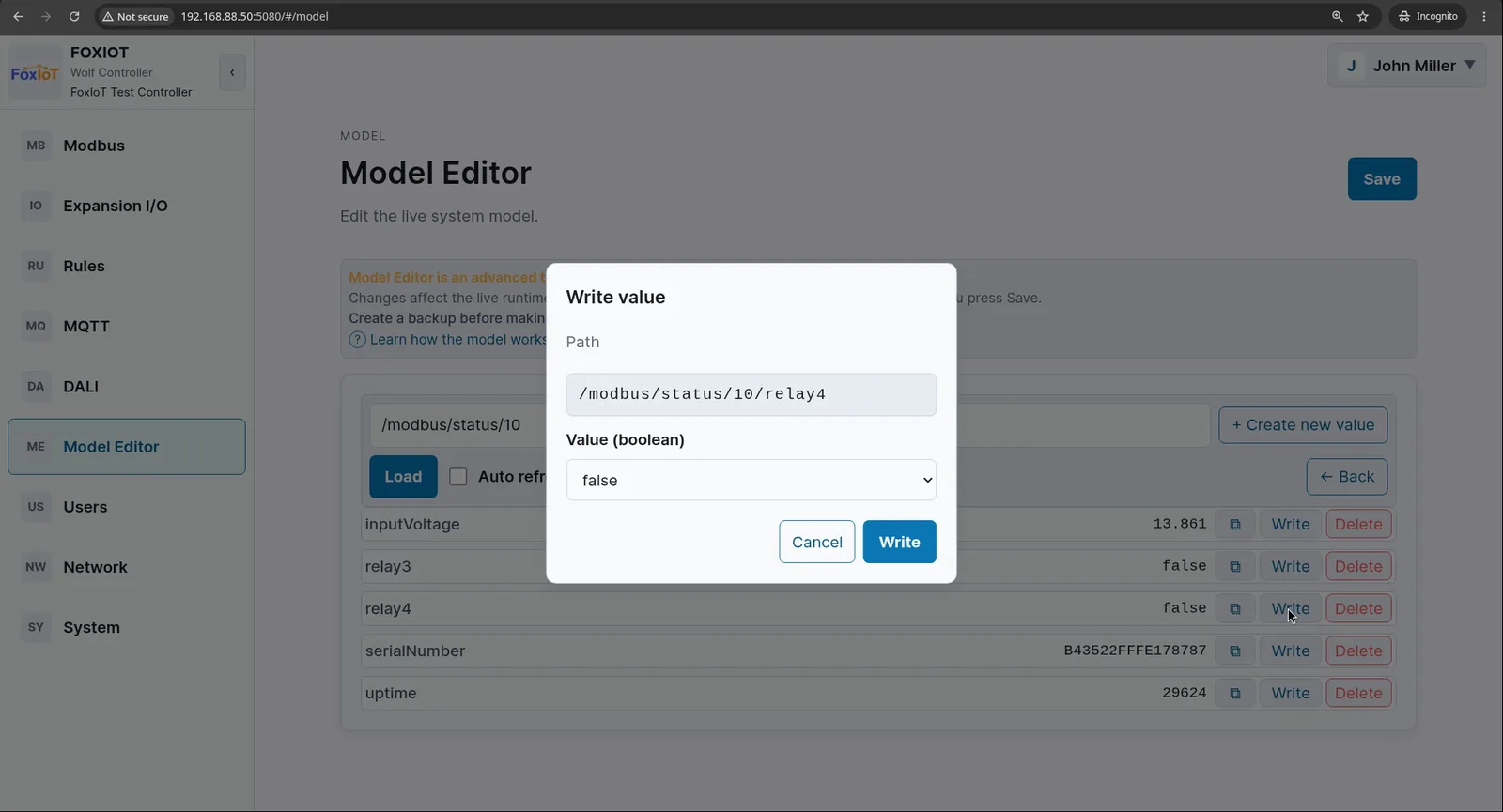 Wolf-App Model Editor Write value dialog for the path /modbus/status/10/relay4, with a boolean value field and Cancel and Write buttons