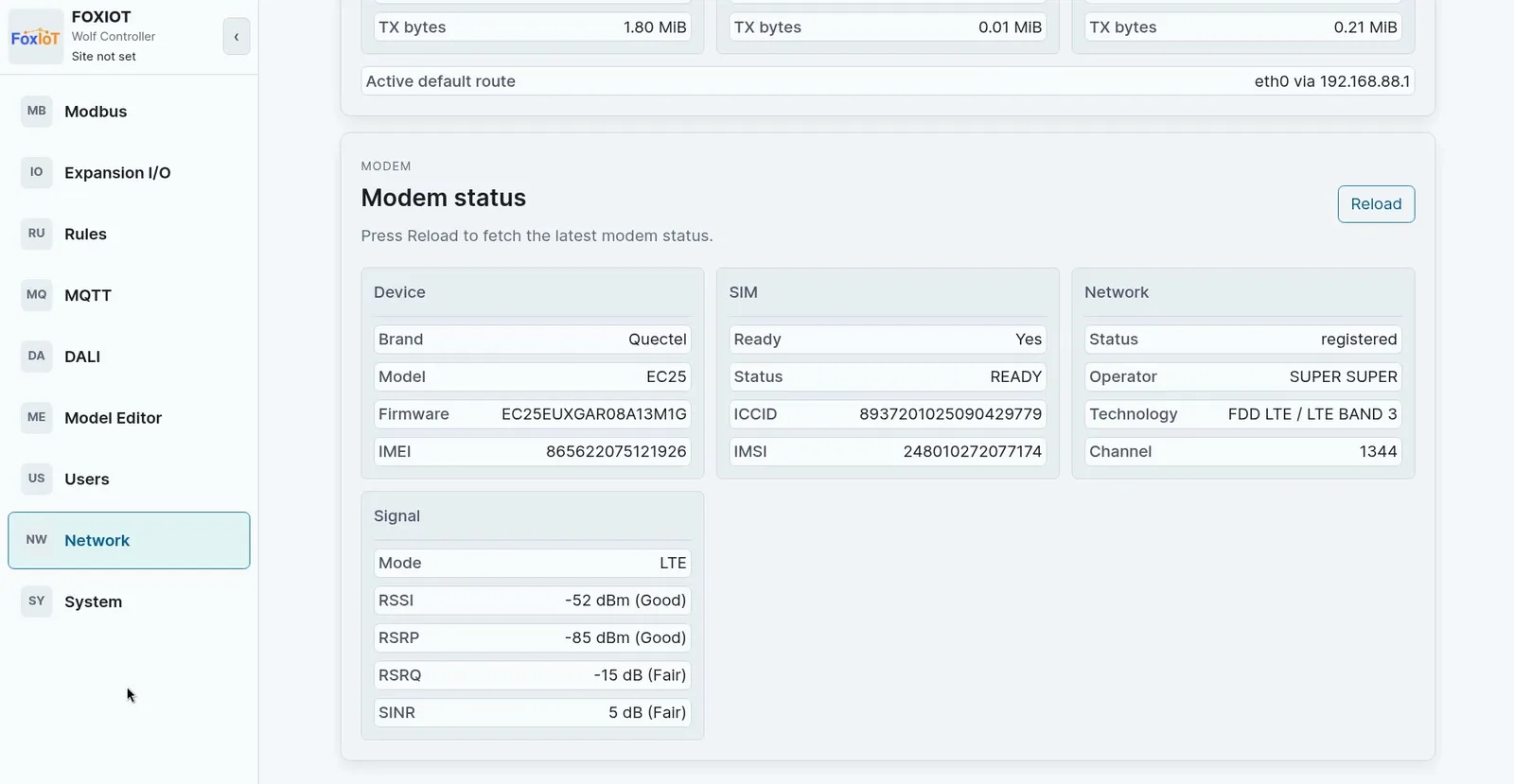 Wolf-App modem status showing the device, SIM, network and signal cards for the LTE modem