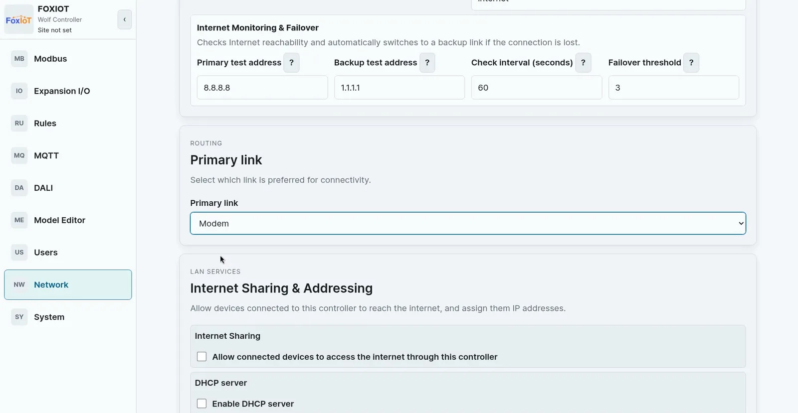 Wolf-App routing section with Primary link set to Modem