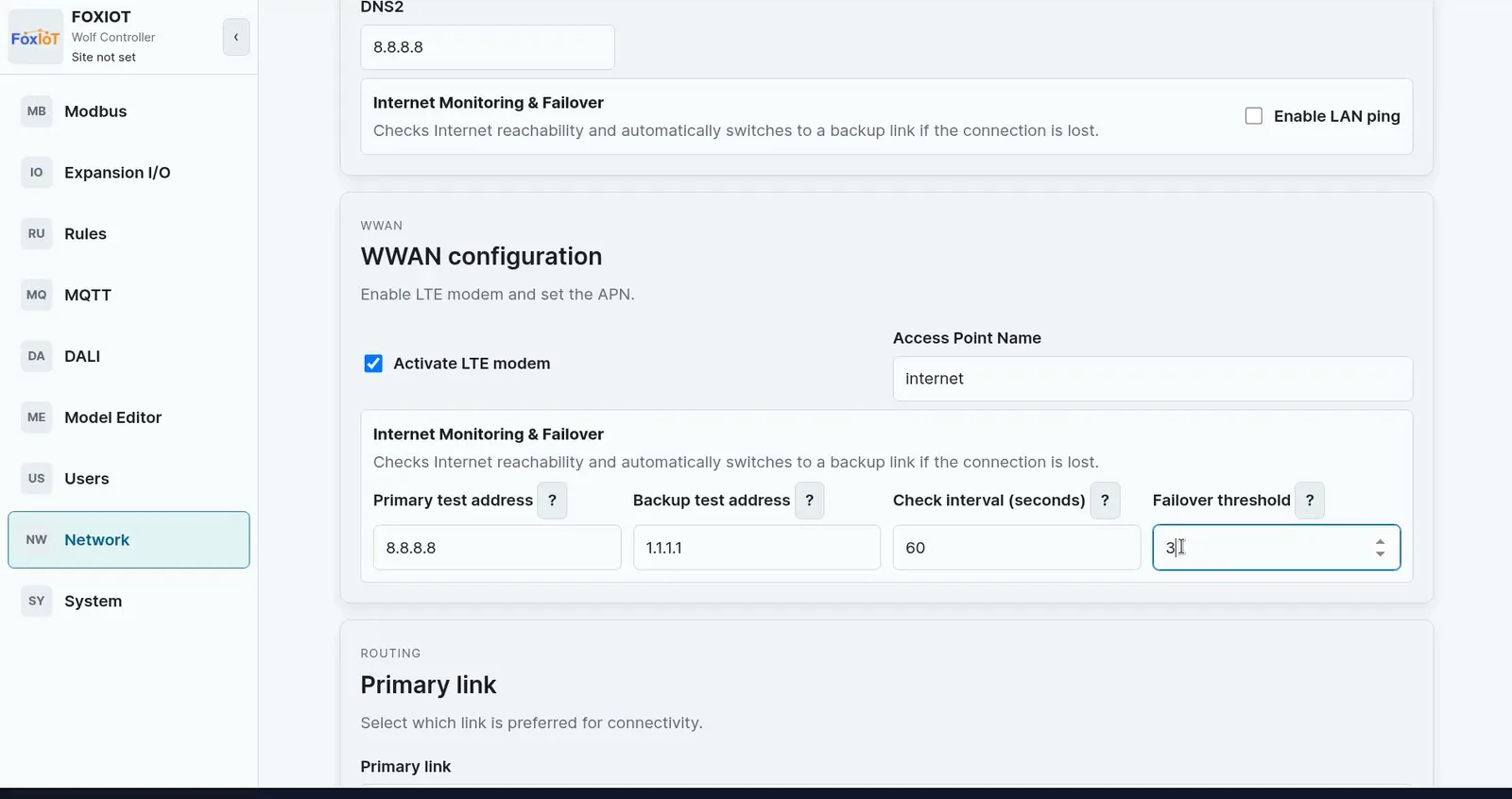 Wolf-App WWAN configuration with Activate LTE modem enabled, the APN set, and the modem failover test addresses