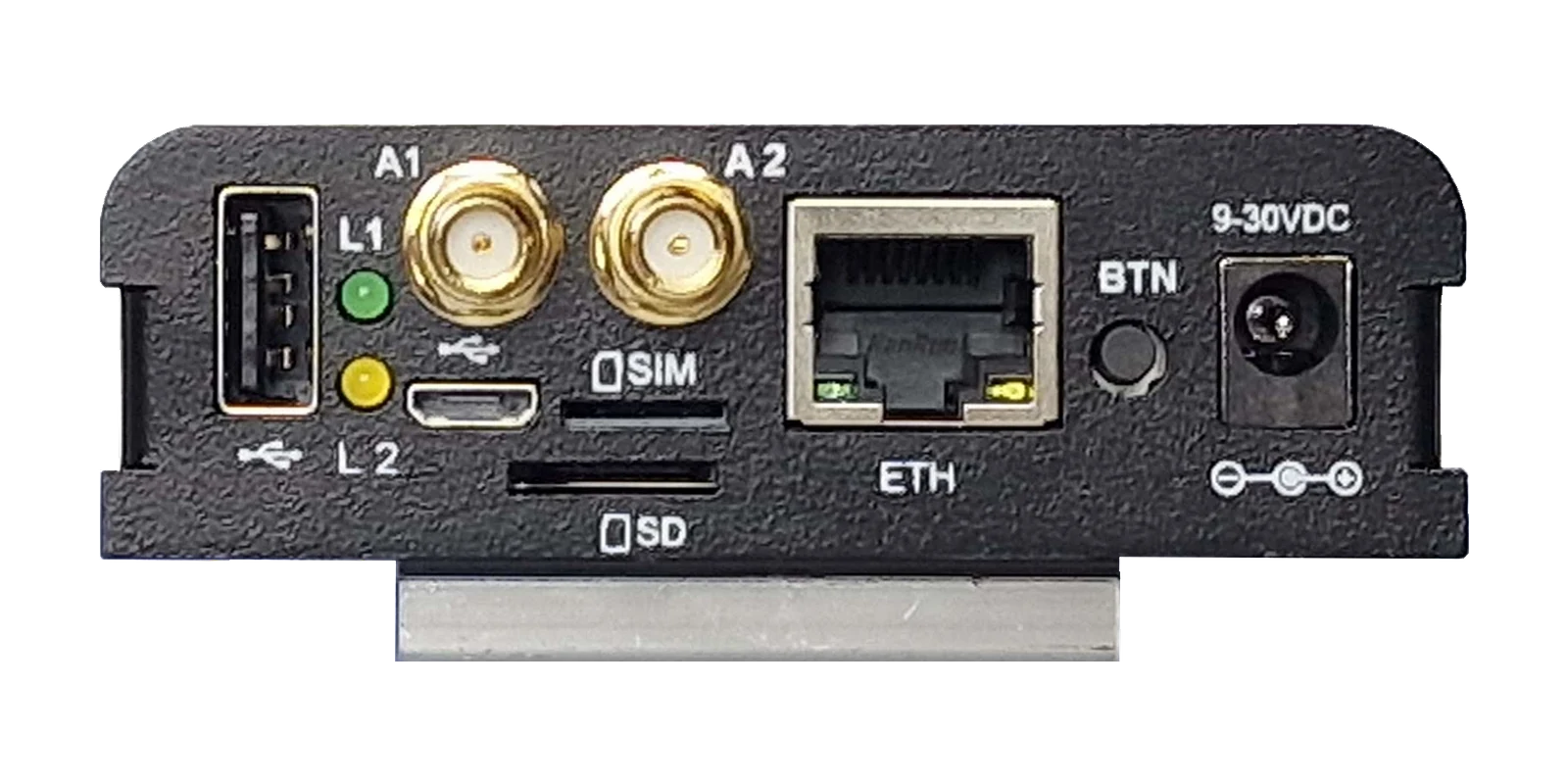 Wolf-8ADio1Ro front panel — USB host, 2 SMA antenna connectors, 10/100 Ethernet port and DC power input